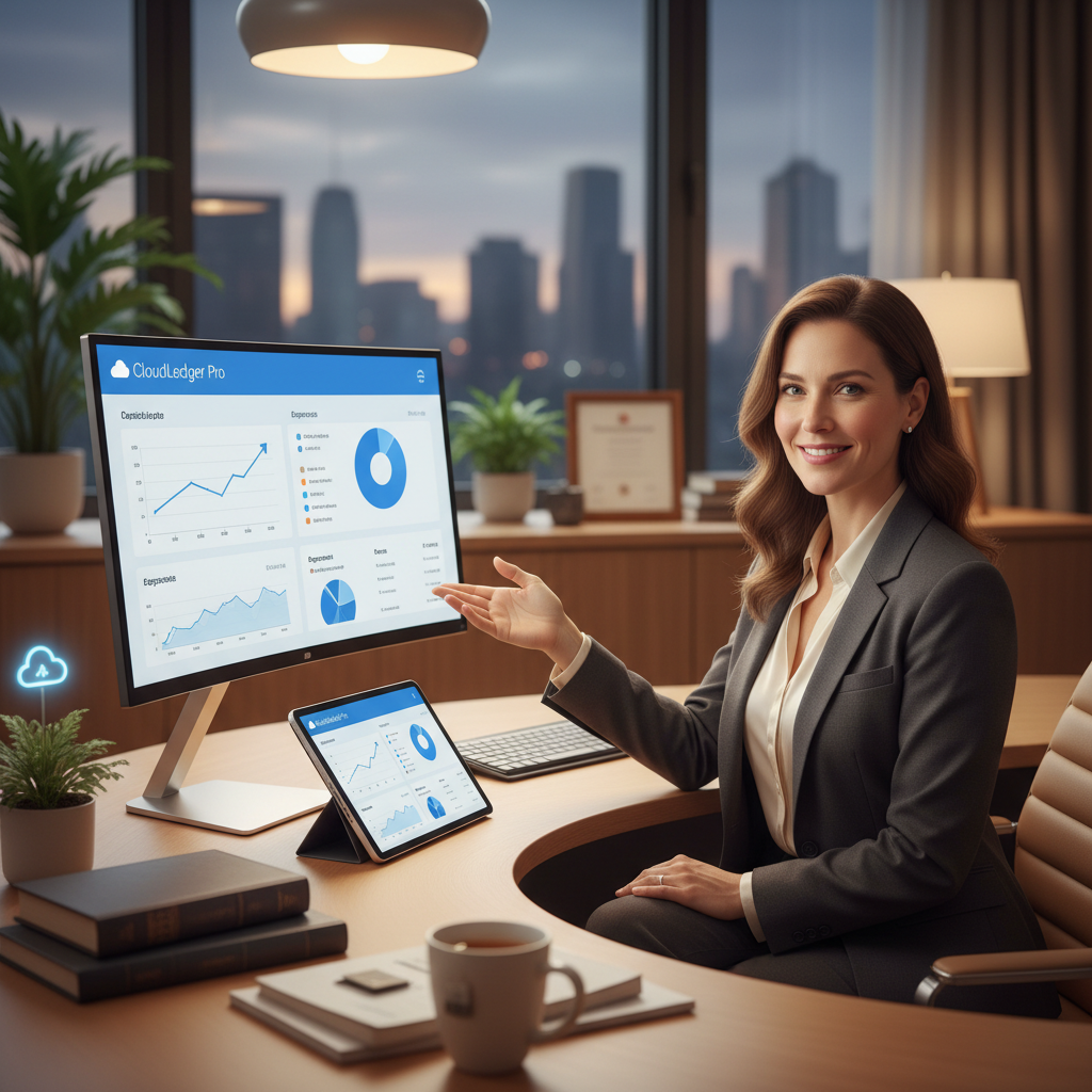 A trustworthy, professional scene of an accountant at a desk working with cloud-based financial software, modern but warm and inviting, emphasizing reliability and expertise, suited for a cloud bookkeeping and accounting firm.